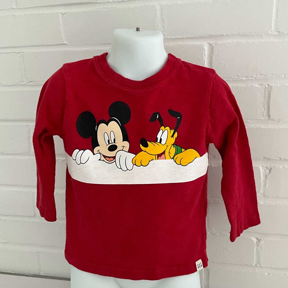 Boys Gap Size 2T Disney Red Long Sleeve Tee With Mickey And Pluto